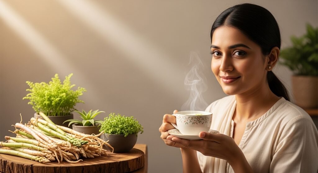 Shatavari for infertility herbal treatment with Indian woman and natural Ayurvedic setting