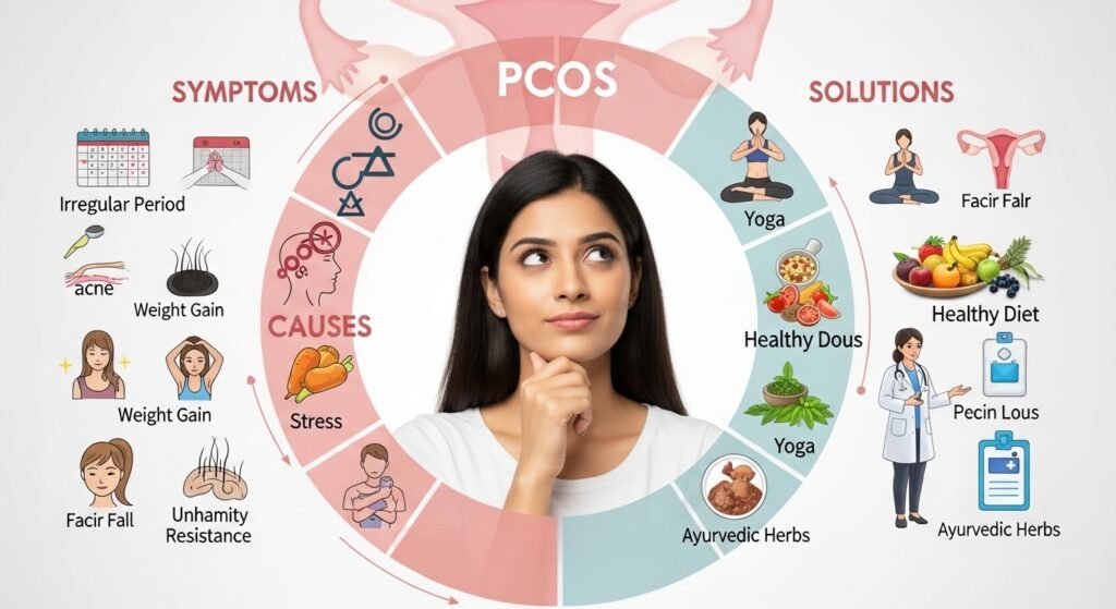 PCOS/PCOD treatment infographic showing symptoms, causes, and natural solutions like yoga, healthy diet, and Ayurvedic care for better fertility