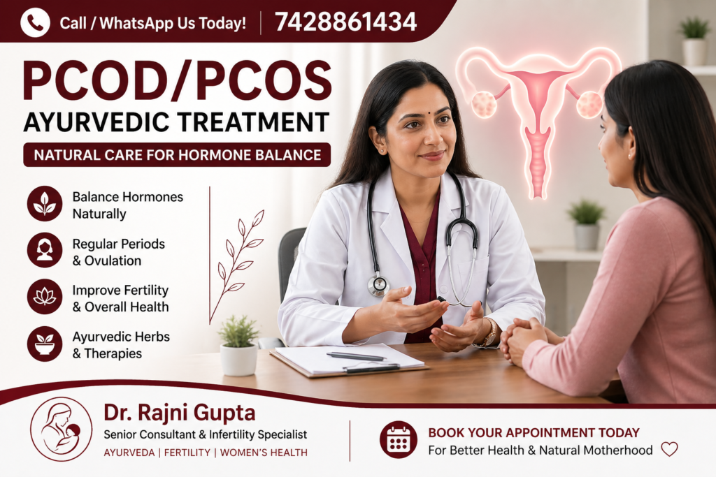 PCOD PCOS Ayurvedic treatment banner with female doctor consulting patient and contact number 7428861434
