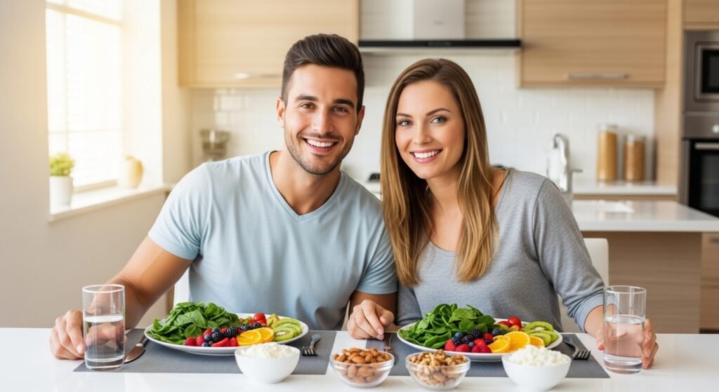 Healthy couple eating balanced diet showing what to eat to increase fertility