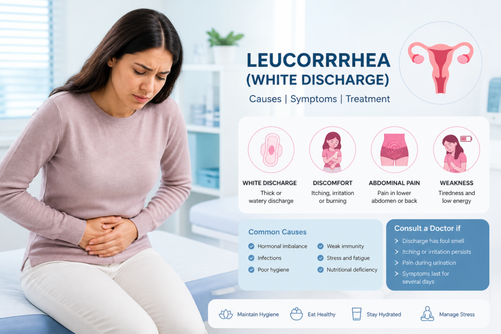 Leucorrhea white discharge problem woman holding lower abdomen in clinic